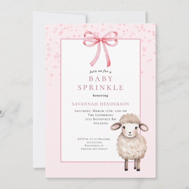 Invitación Sweet Pink Baby Sprinkle with Bow & Cute Lamb  (Anverso)