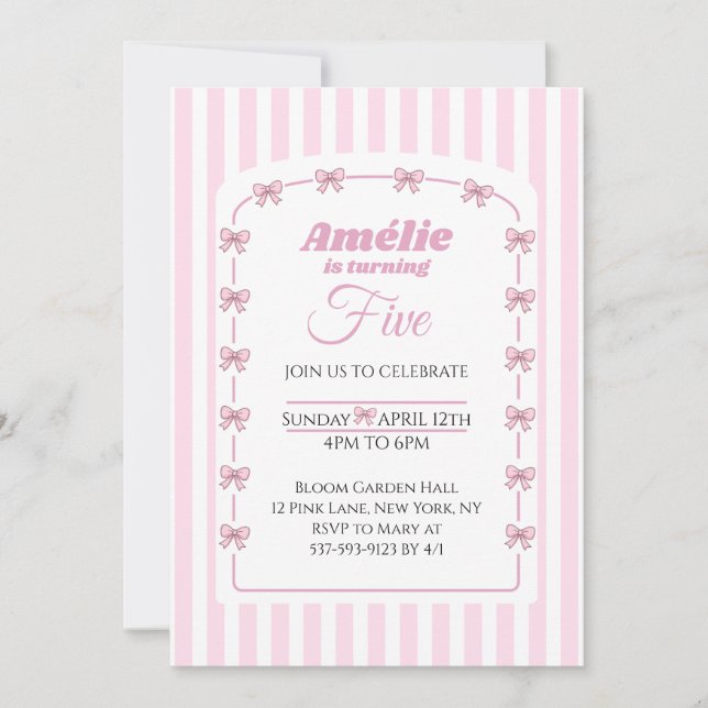 Invitación Sweet Pink Bow Coquette Fifth Birthday Party (Anverso)