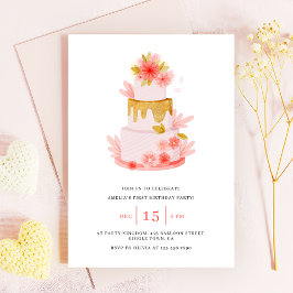 Invitación Sweet Pink Floral Cake Baby Girl Birthday