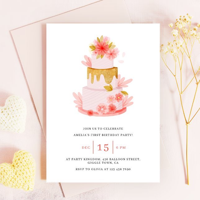 Invitación Sweet Pink Floral Cake Baby Girl Birthday (Subido por el creador)