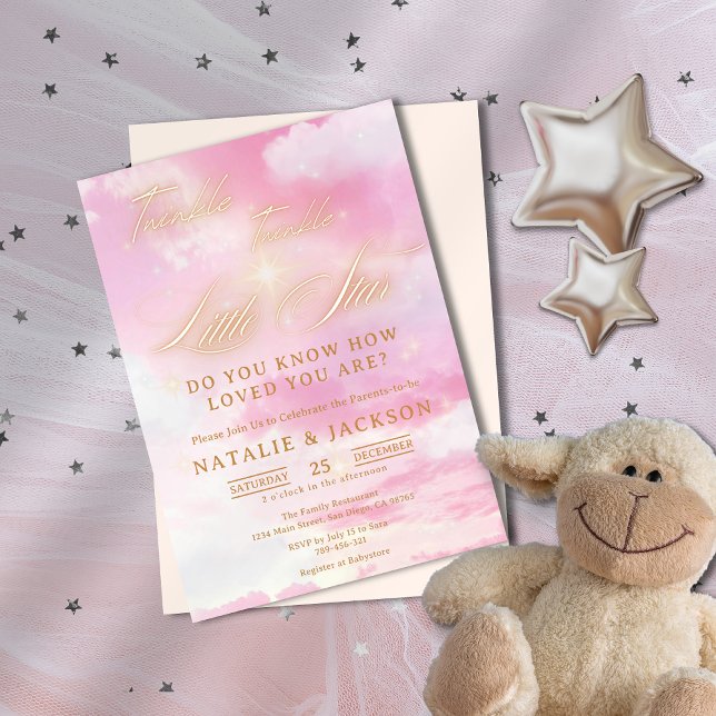 Invitación Sweet Pink & Gold Twinkle Little Star Baby Shower (Sweet Pink & Gold Twinkle Little Star Baby Shower Invitation)