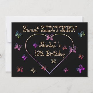 Invitación sweet Pink Heart Butterflies Sweet 16 Birthday 