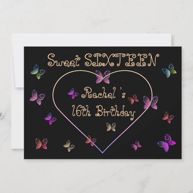 Invitación sweet Pink Heart Butterflies Sweet 16 Birthday  (Anverso)