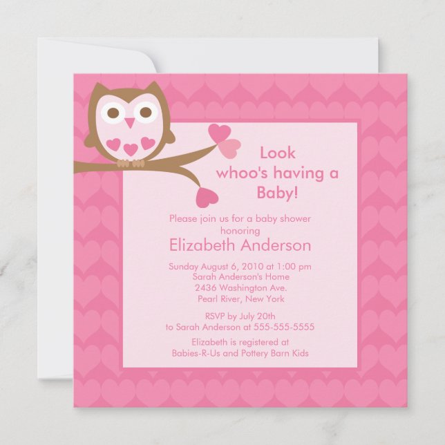 Invitación Sweet Pink Heart Owl Baby Shower (Anverso)