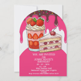 Invitación Sweet Pink Strawberry  Cake Themed kids