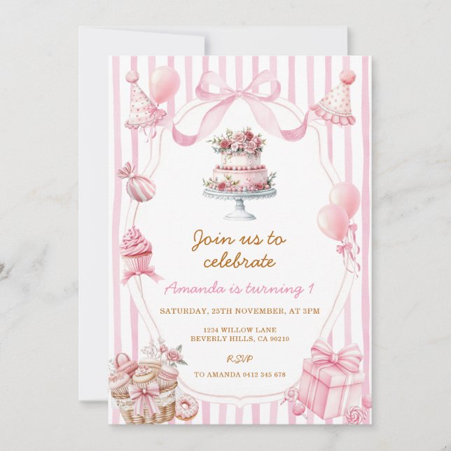 Invitación Sweet Pink Stripe Bow Girl Birthday Invitation (Anverso)