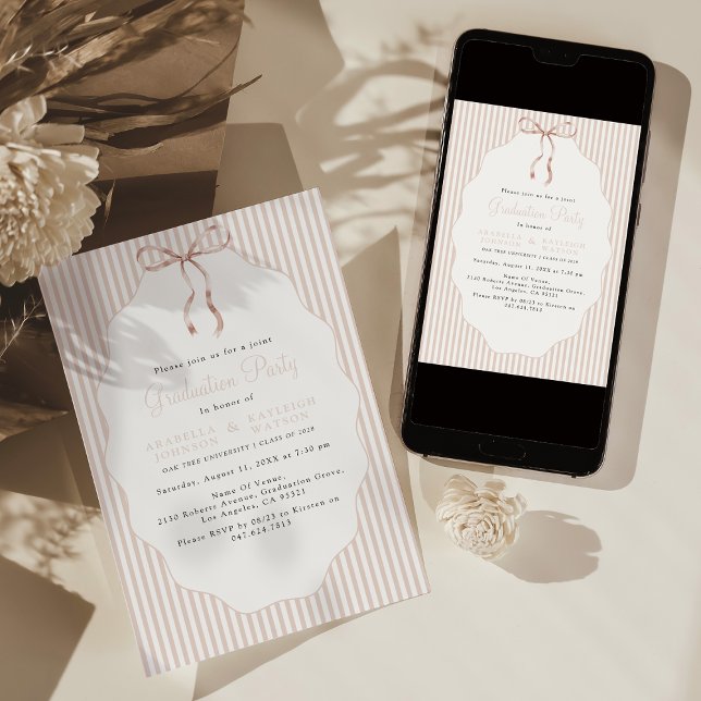 Invitación Sweet Pinstriped Beige Bow Joint Graduation (Subido por el creador)