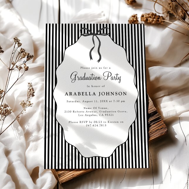 Invitación Sweet Pinstriped Black Bow Graduation (Subido por el creador)