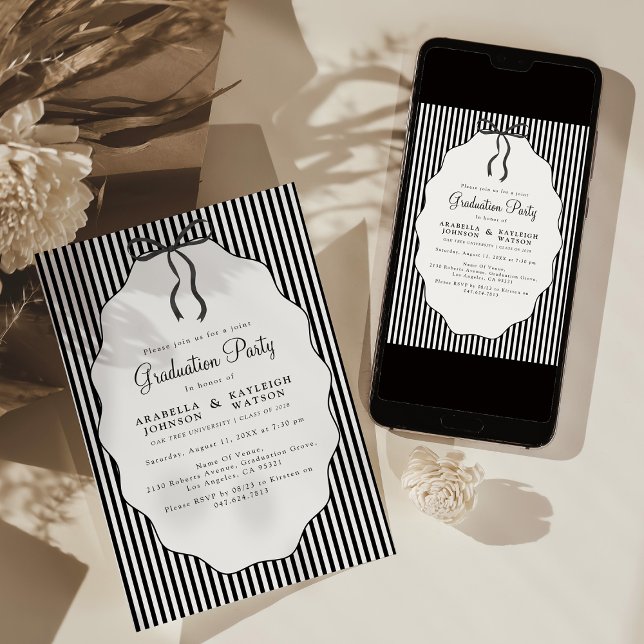 Invitación Sweet Pinstriped Black Bow Joint Graduation (Subido por el creador)