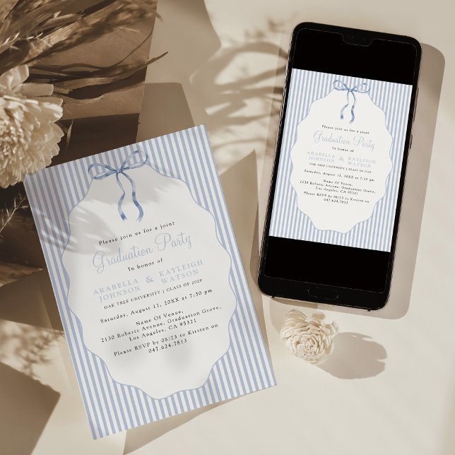 Invitación Sweet Pinstriped Blue Bow Joint Graduation (Subido por el creador)