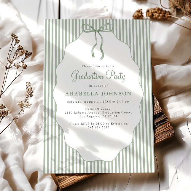 Invitación Sweet Pinstriped Green Bow Graduation (Subido por el creador)