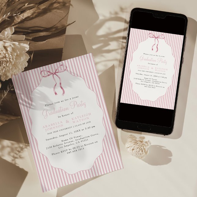 Invitación Sweet Pinstriped Pink Bow Joint Graduation (Subido por el creador)