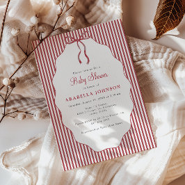Invitación Sweet Pinstriped Red Bow Baby Shower