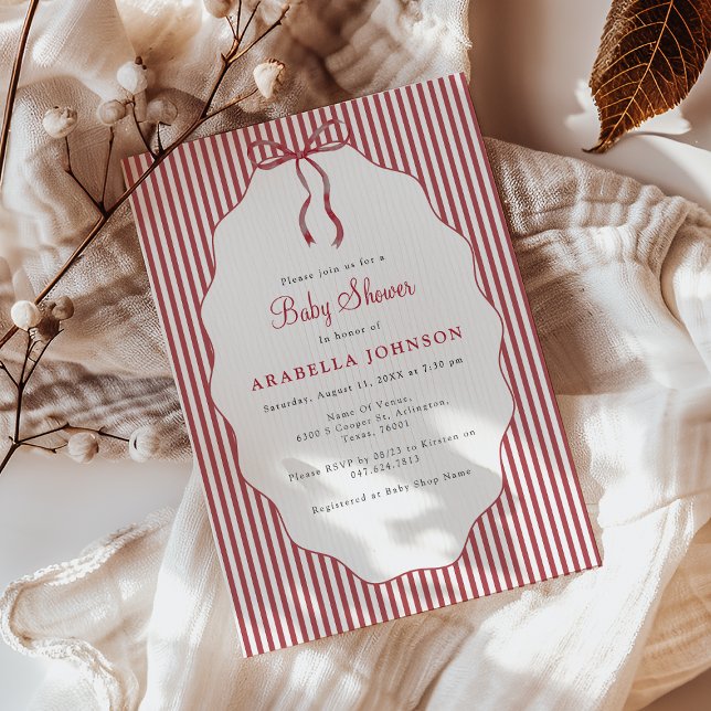 Invitación Sweet Pinstriped Red Bow Baby Shower (Subido por el creador)