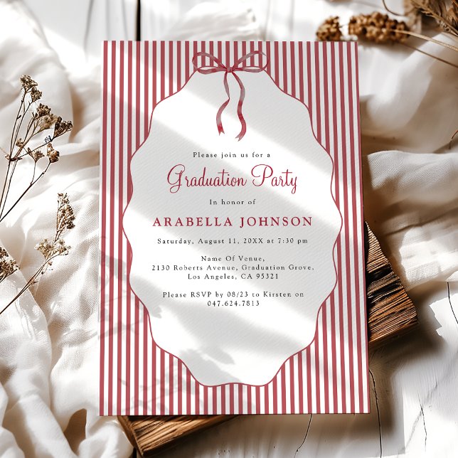 Invitación Sweet Pinstriped Red Bow Graduation (Subido por el creador)