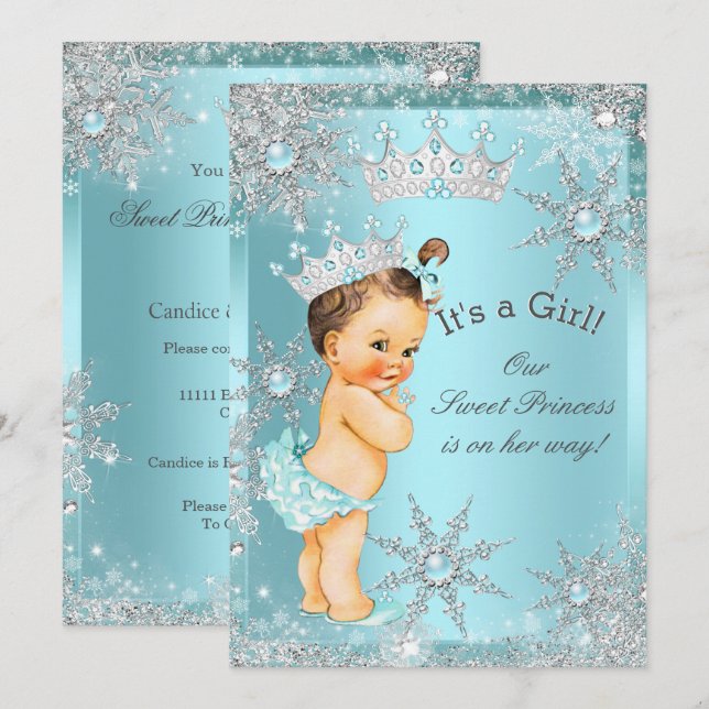 Invitación Sweet Princess Chica Baby Shower Verde azulada Bru (Anverso / Reverso)