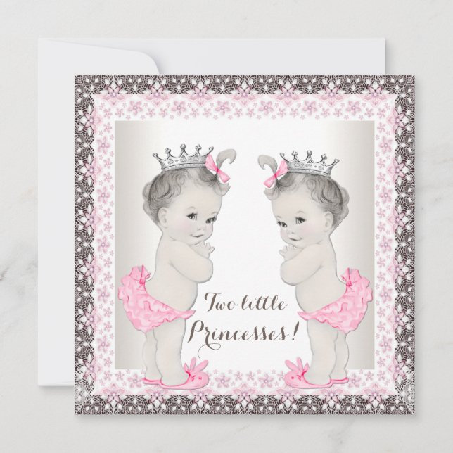 Invitación Sweet Princess Twin Pink and Brown Baby Shower (Anverso)