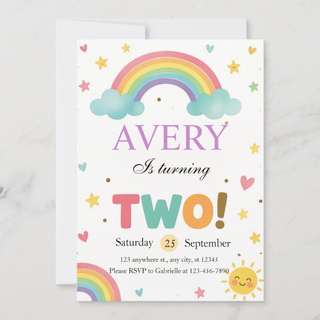 Invitación Sweet Rainbow 2nd Birthday (Anverso)