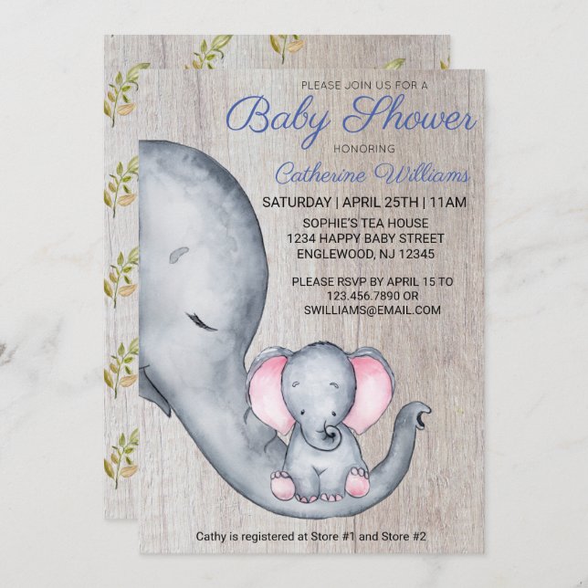 Invitación Sweet Rustic Elephant Blue Boy Baby Shower (Anverso / Reverso)