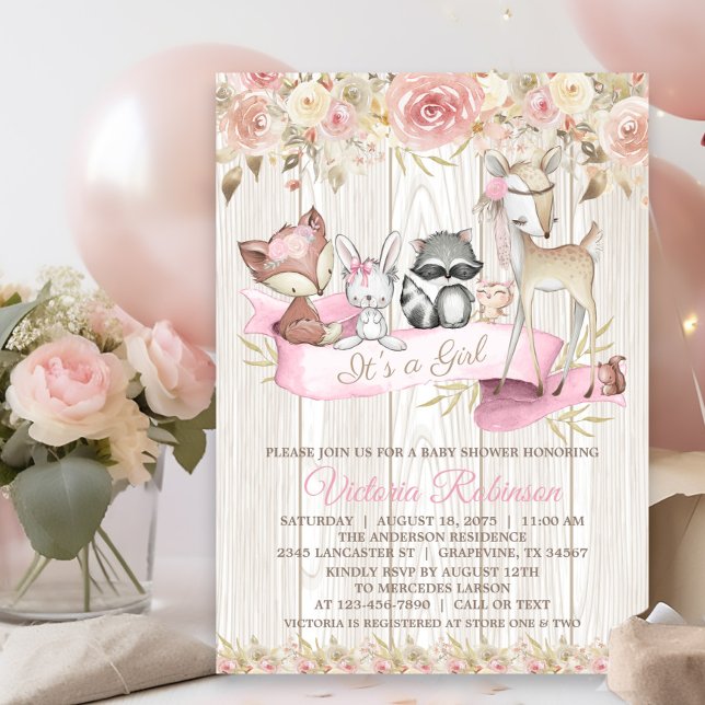 Invitación Sweet Rustic Forest Woodland Animal Baby Shower (Cute woodland baby shower invitation with sweet baby animals on a rustic wood and floral background.)