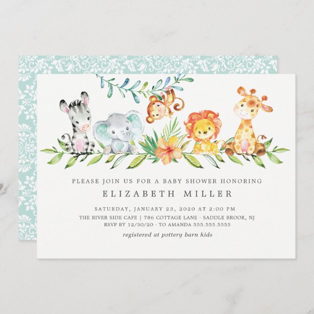 Invitación Sweet Safari Animals Neutral Baby Shower (Anverso / Reverso)