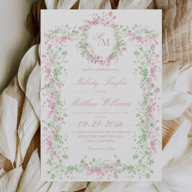 Invitación Sweet Sage Green & Blush  Floral Crest Wedding (Subido por el creador)