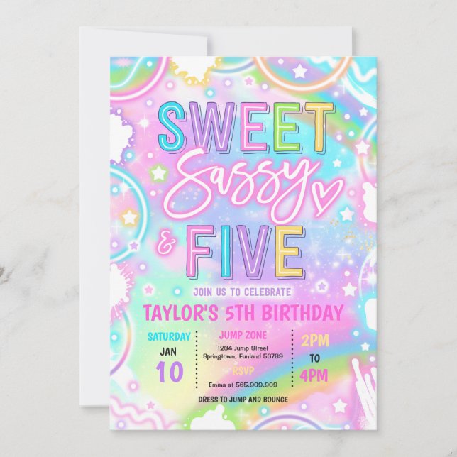 Invitación Sweet Sassy And Five Neon Rainbow 5th Birthday (Anverso)