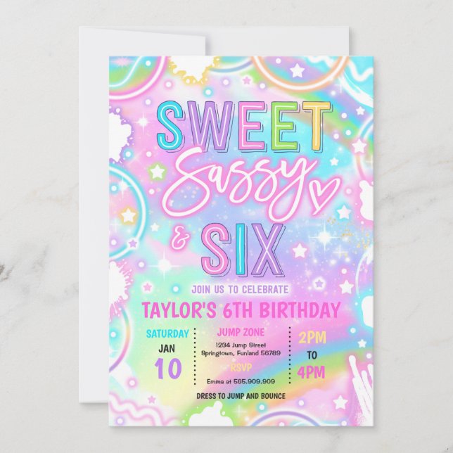 Invitación Sweet Sassy And Six Neon Rainbow 6th Birthday (Anverso)