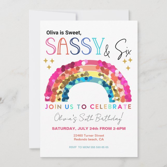 Invitación Sweet Sassy and six Rainbow magical 6th birthday (Anverso)