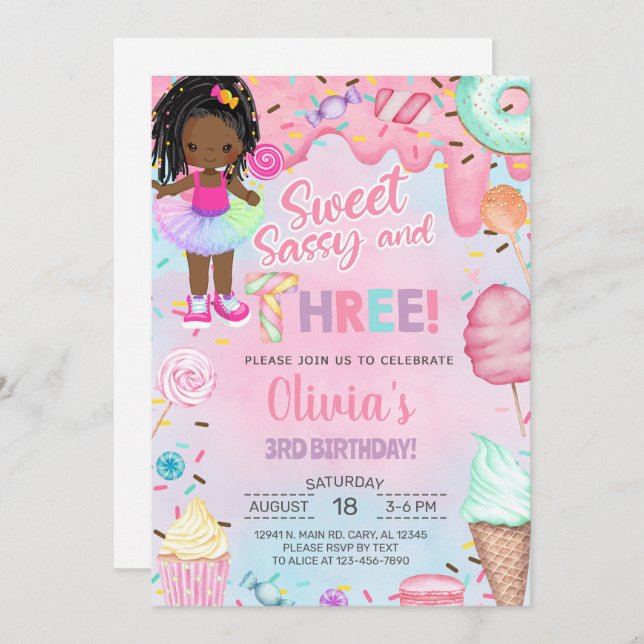 Invitación Sweet sassy and three girl 3rd birthday invitation (Anverso / Reverso)