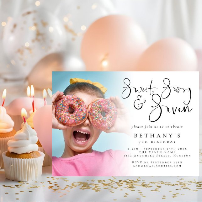 Invitación Sweet Sassy Seven Photo Overlay Chica 7 cumpleaños (Subido por el creador)