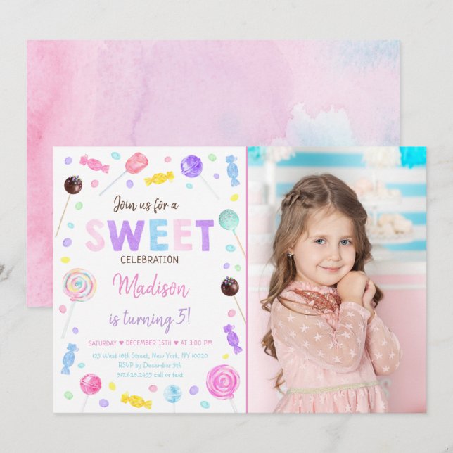 Invitación Sweet Shop Lollipop Candy Cumpleaños (Anverso / Reverso)