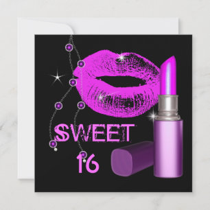 Invitación Sweet Sixteen 16 Labios Rosa Caliente Labial Negro