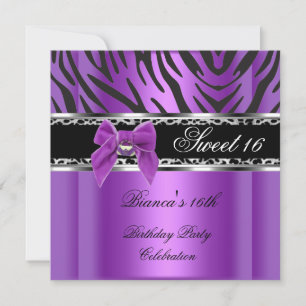 Invitación Sweet Sixteen 16 Morado Plata Negro Cebra Leopardo