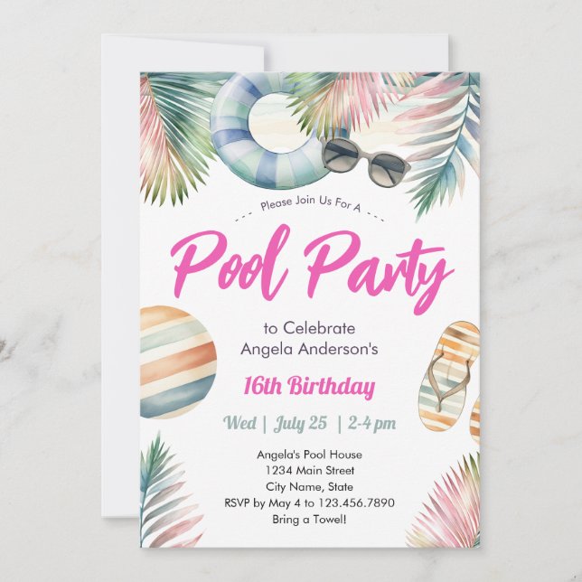 Invitación Sweet Sixteen Birthday Pool Party Invitation (Anverso)