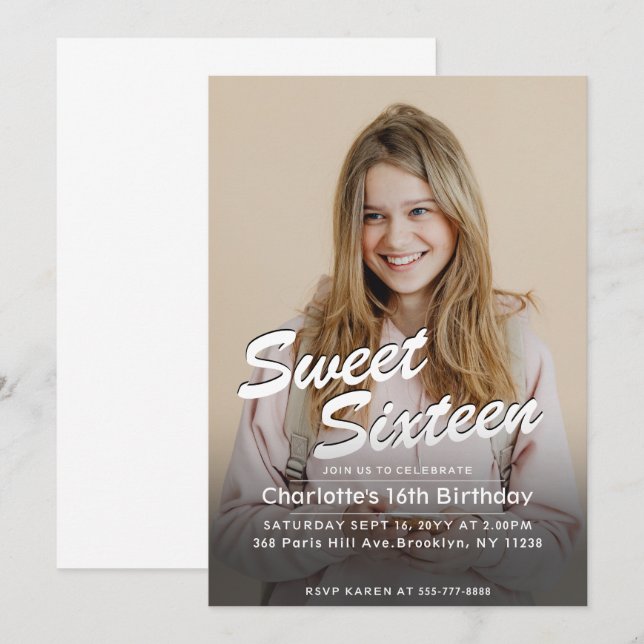 Invitación Sweet Sixteen Custom Photo Birthday  (Anverso / Reverso)