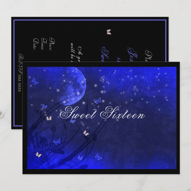 Invitación Sweet Sixteen  Enchanted Evening Purple Blue   (Anverso / Reverso)