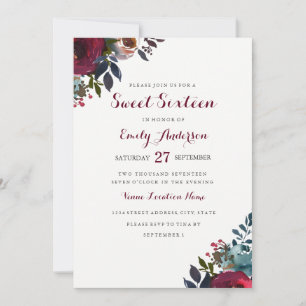 Invitación Sweet Sixteen floral acuarela borgoña