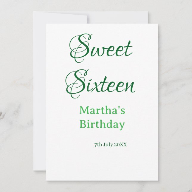 Invitación Sweet Sixteen green name date calligraphy boho ret (Anverso)