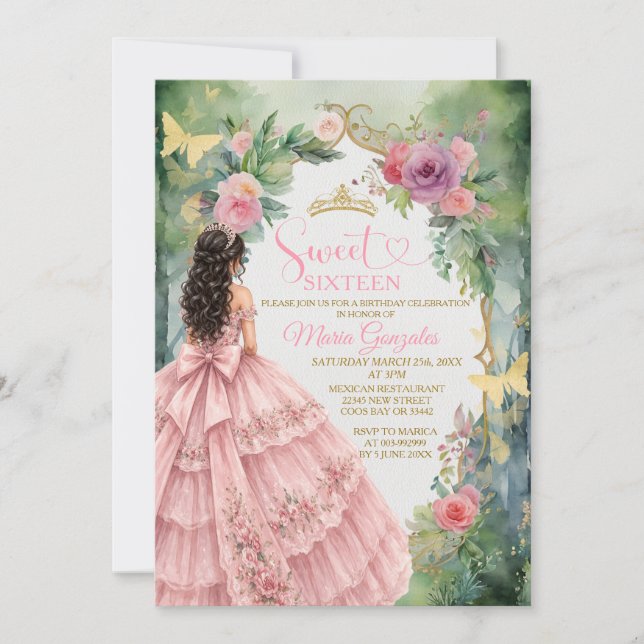 Invitación Sweet Sixteen Invitation Pink Floral Garden (Anverso)