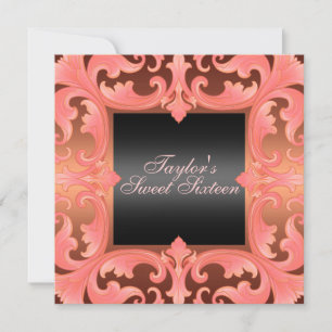Invitación Sweet Sixteen Peach Damask Design Birthday Invite