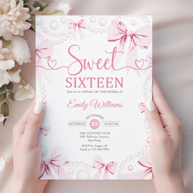 Invitación Sweet Sixteen Pink Bows Pearls Coquette (Subido por el creador)