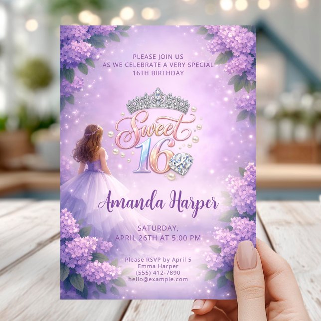 Invitación Sweet Sixteen Princess Purple Birthday Card (Subido por el creador)