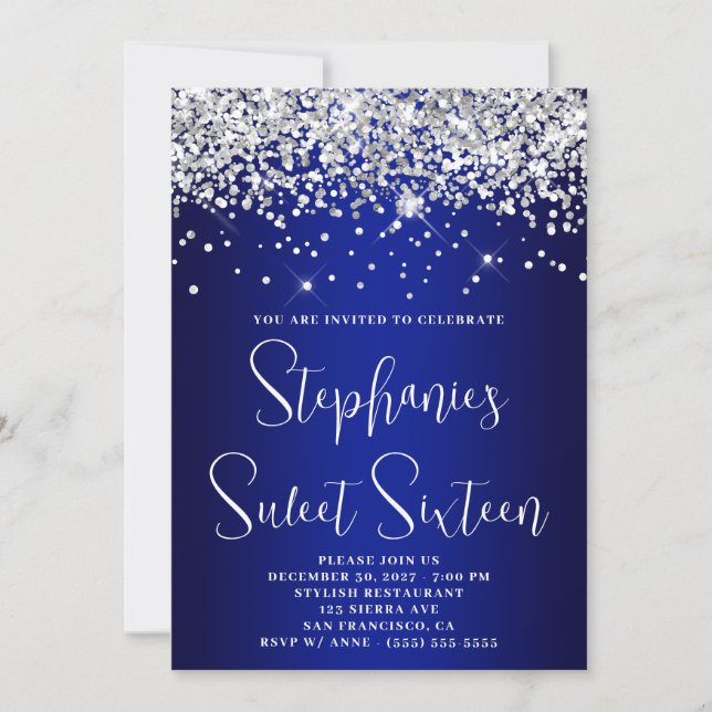 Invitación Sweet Sixteen Silver Glitter Royal Blue Navy Ombre (Anverso)