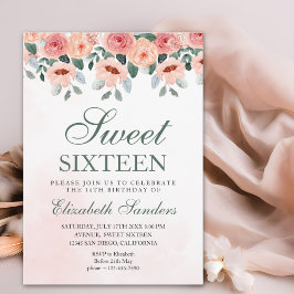 Invitación Sweet Sixteen with Watercolor Pink Flowers