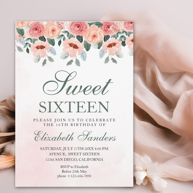 Invitación Sweet Sixteen with Watercolor Pink Flowers (Subido por el creador)