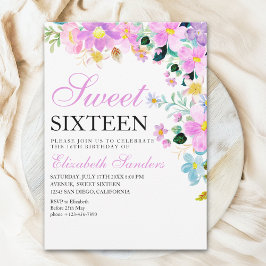 Invitación Sweet Sixteen with Watercolor Spring Flowers