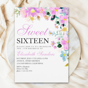 Invitación Sweet Sixteen with Watercolor Spring Flowers