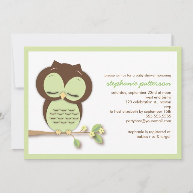 Invitación Sweet Sleepy Green Owl Neutral Baby Shower (Anverso)