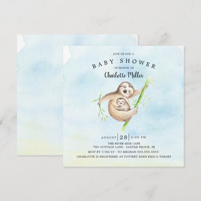 Invitación Sweet Sloth Boys Baby Shower (Anverso / Reverso)